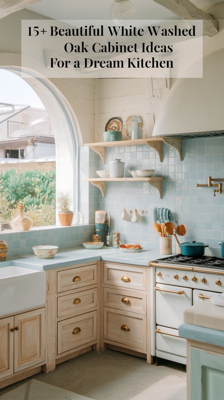 Coastal-Inspired White Washed Oak Cabinets with Blue Accents