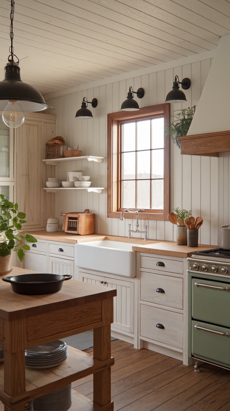 6. Farmhouse-Style White Washed Oak Cabinets with Beadboard Panels