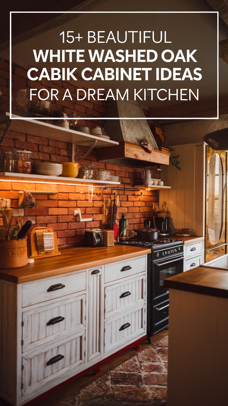 Rustic White Washed Oak Cabinets with Exposed Brick Walls