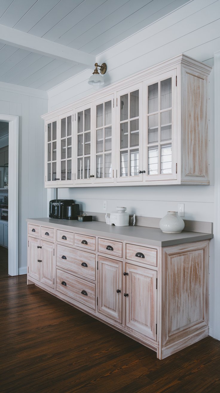 White Washed Oak Cabinets with Dark Wood Flooring for Contrast