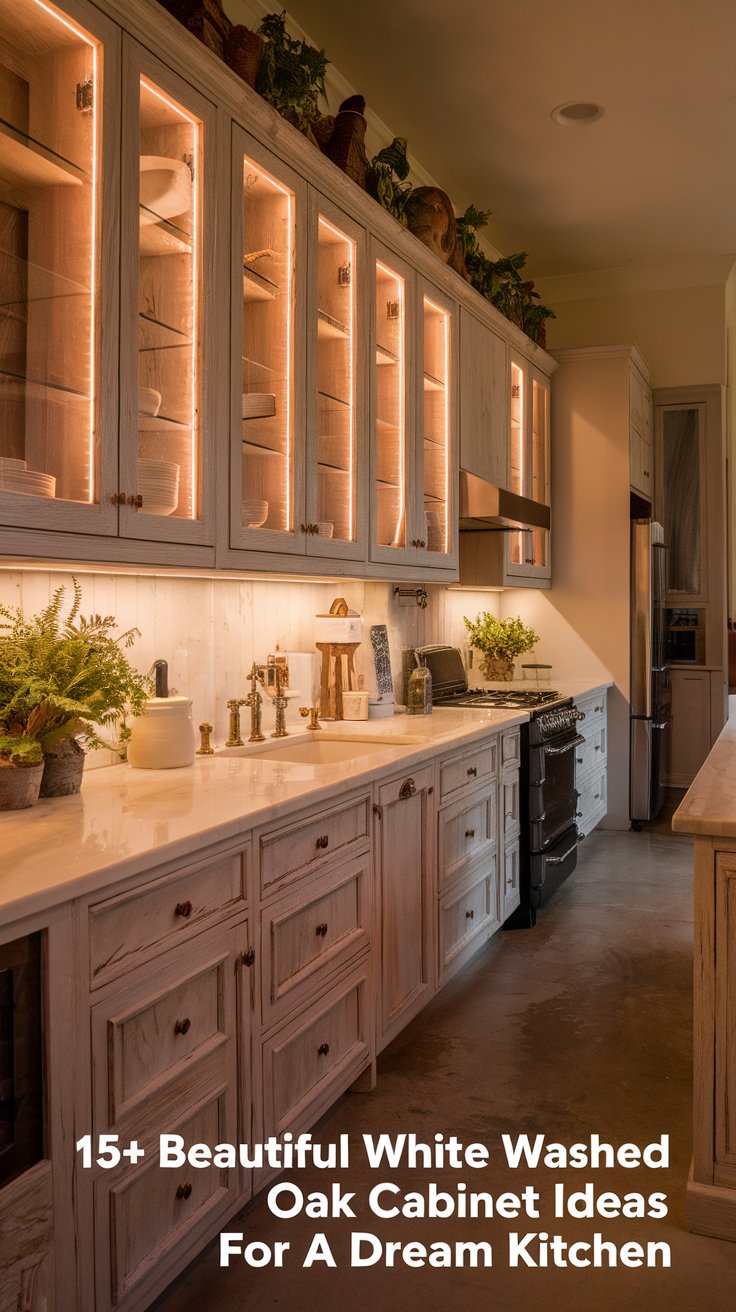 White Washed Oak Cabinets with Under-Cabinet Lighting