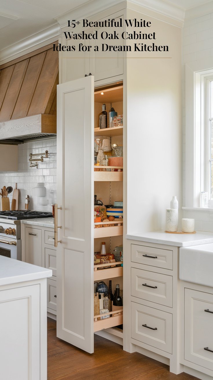 White Washed Oak Cabinets with a Hidden Pantry