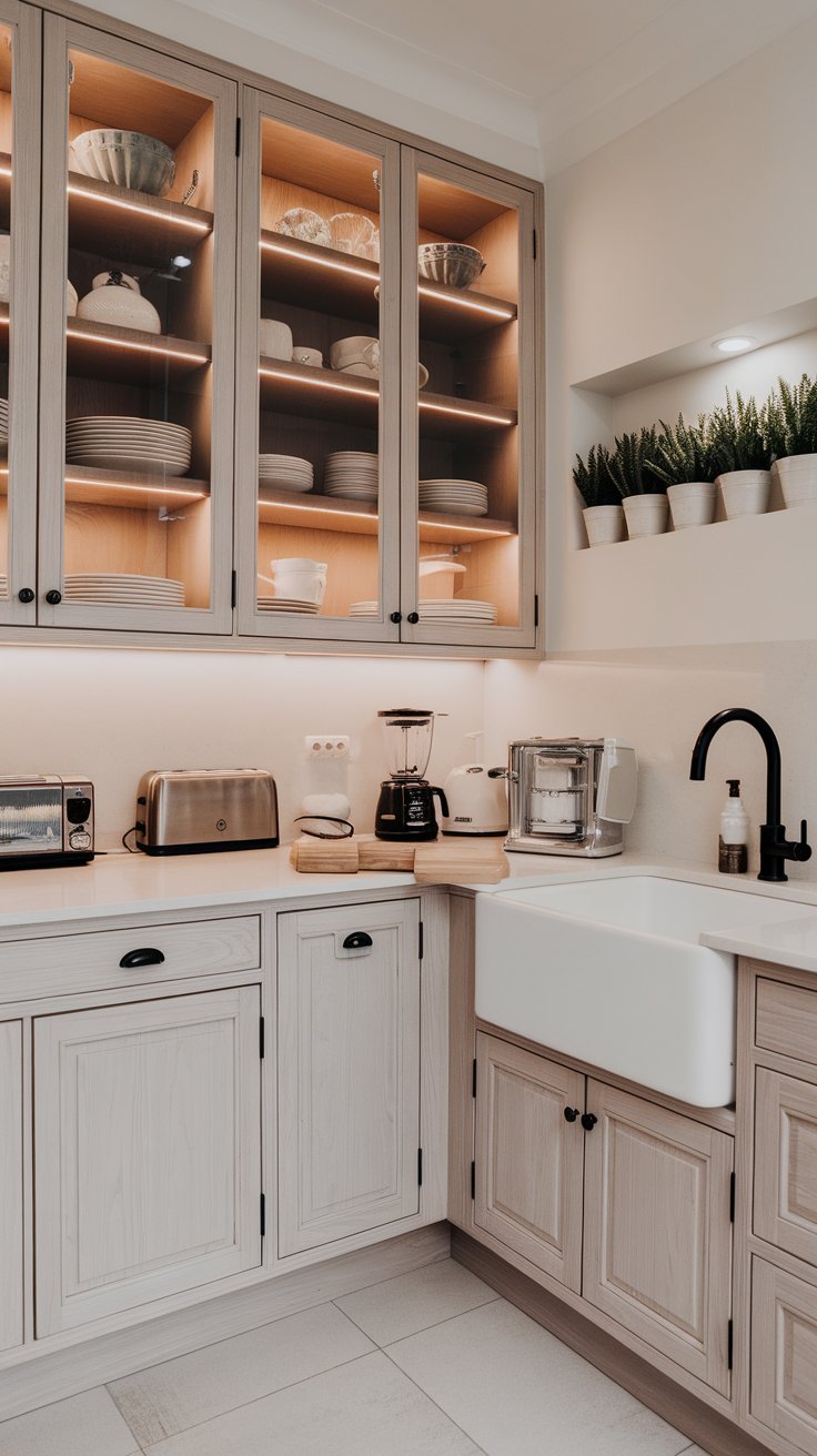 White Washed Oak Cabinets with Glass Fronts for an Open Look