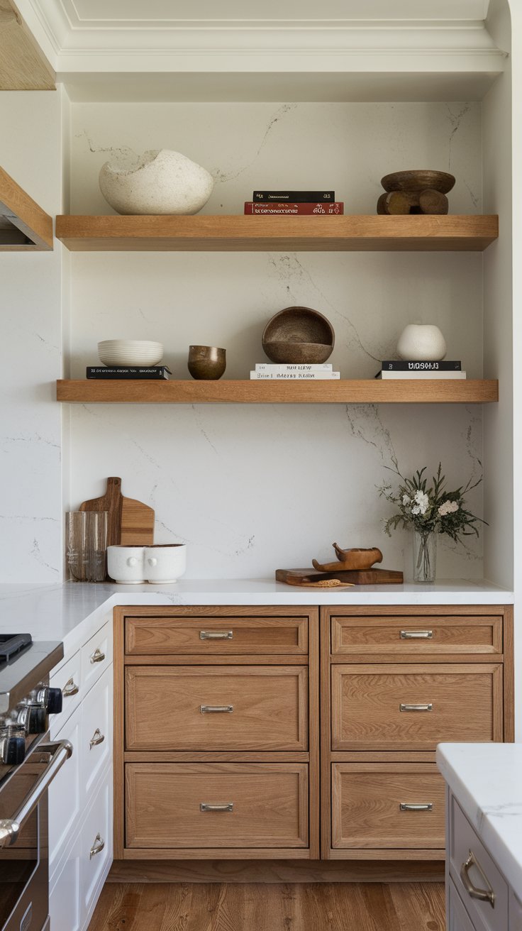 White Washed Oak Cabinets with Floating Shelves for a Modern Touch