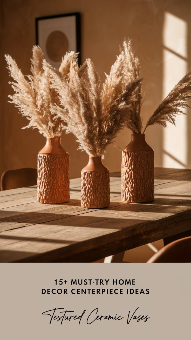 Textured Ceramic Vases with Dried Flowers