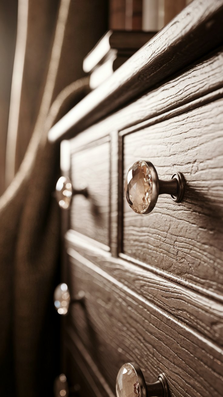 Crystal Cluster Knobs on Raw Wood Drawers