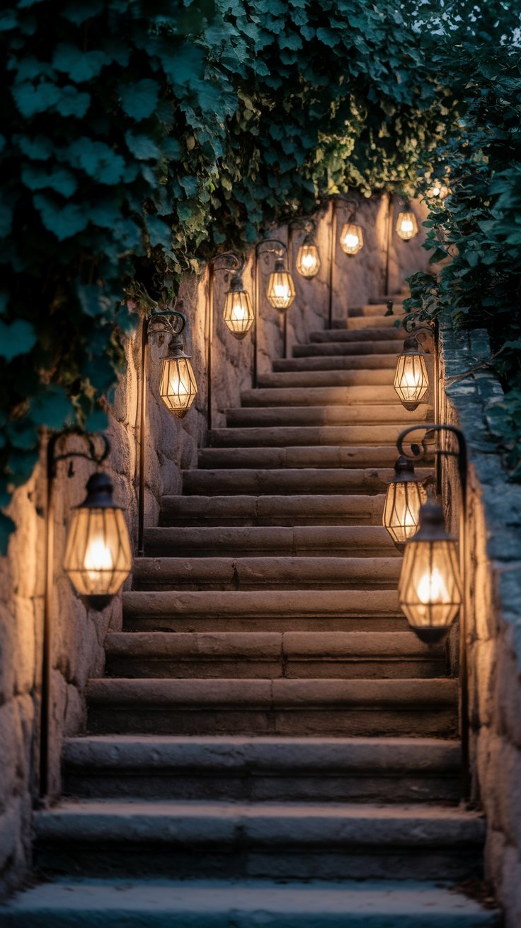 Soft Glow Lanterns on Aged Stone Steps