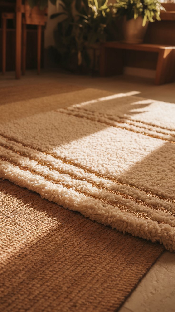 Layered Neutral Rugs with Subtle Metallic Threads