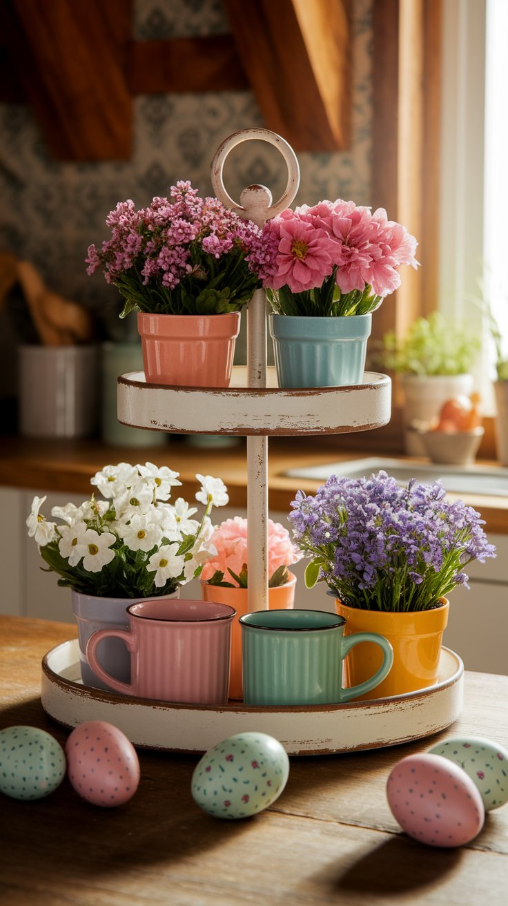 Place a Tiered Tray with Spring-Themed Decor on Your Countertop