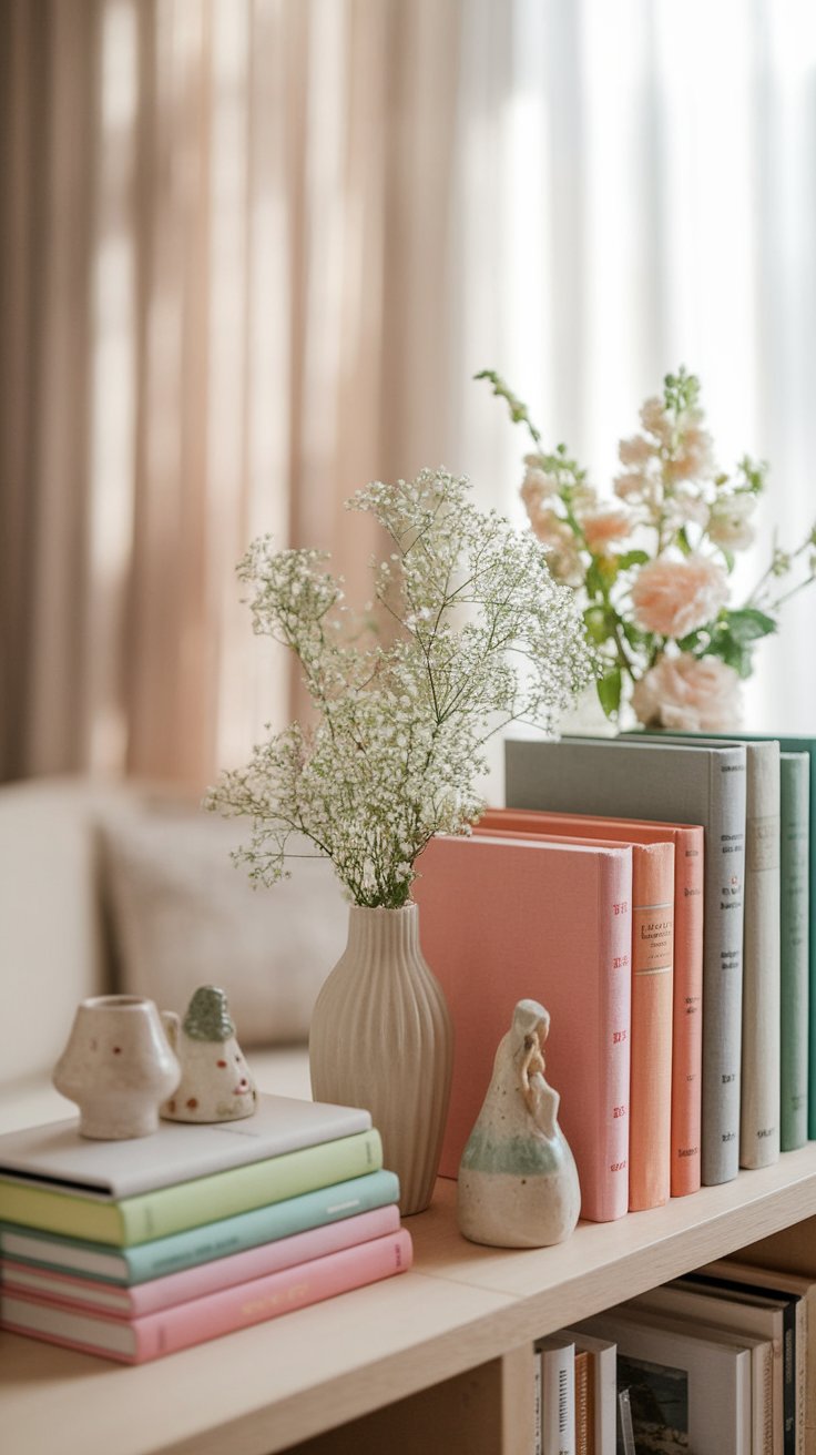 Display a Seasonal Spring Bookshelf with Pastel-Colored Books