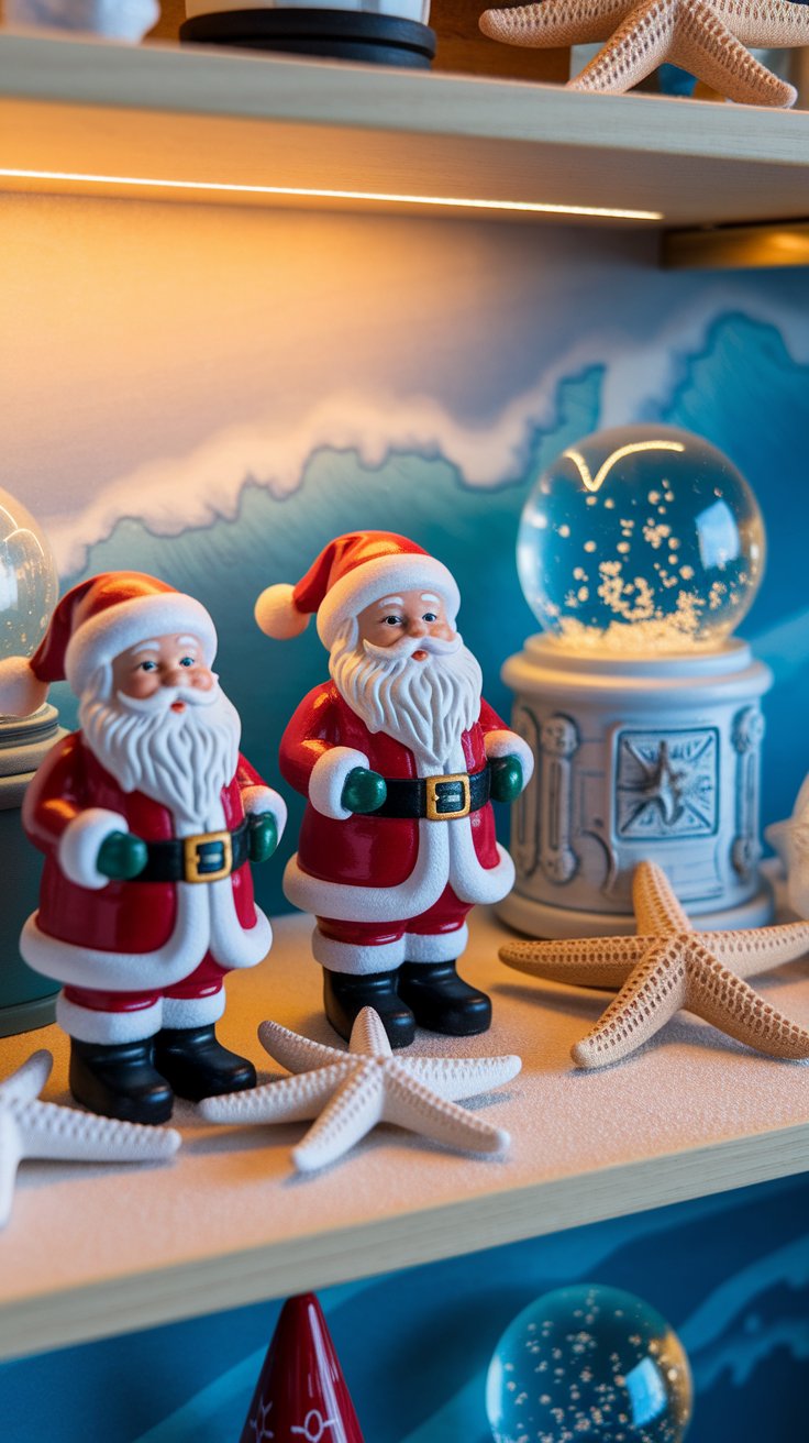 Mini Coastal Santa Display On A Bookshelf