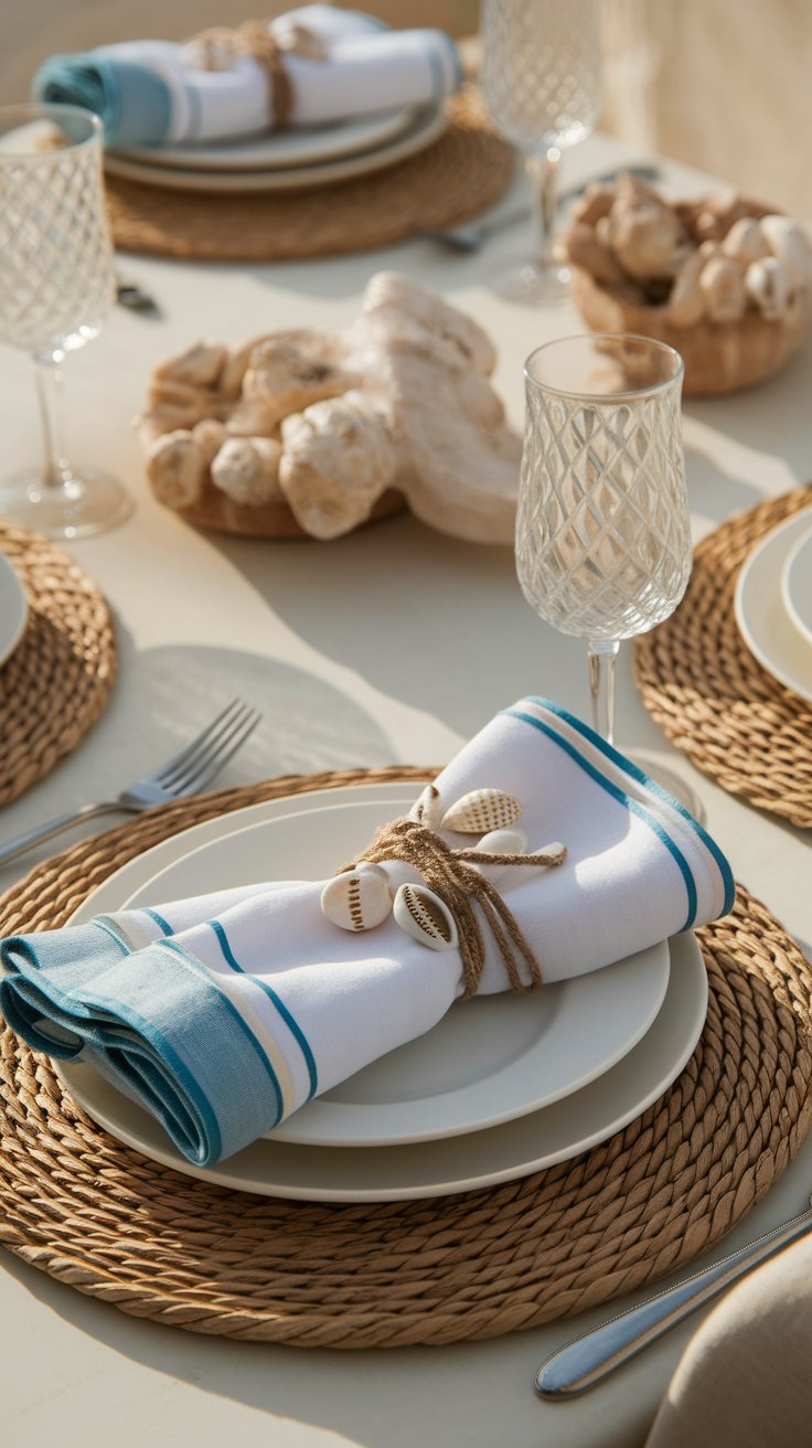 Shell And Rope Napkin Holders For A Beachy Table Setting