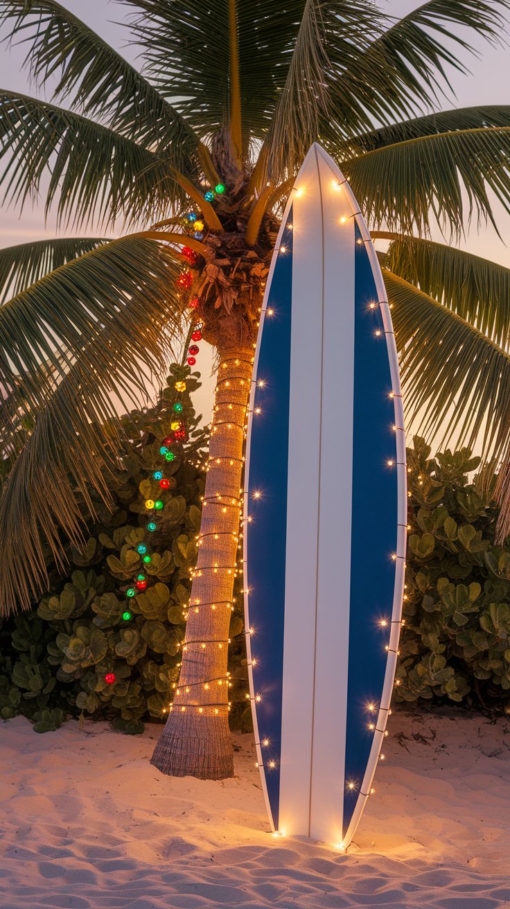 Surfboard Santa Display For A Playful Holiday Look