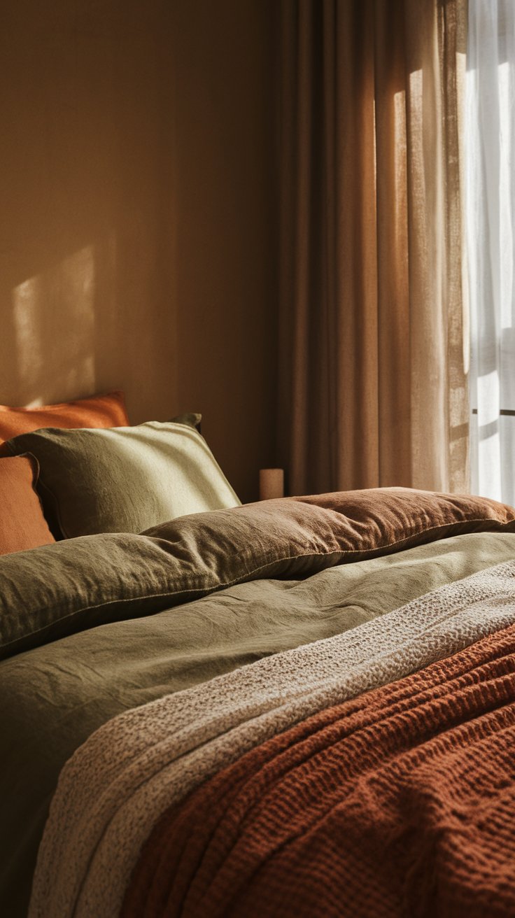 Use earthy-toned bedding for a relaxing bedroom retreat