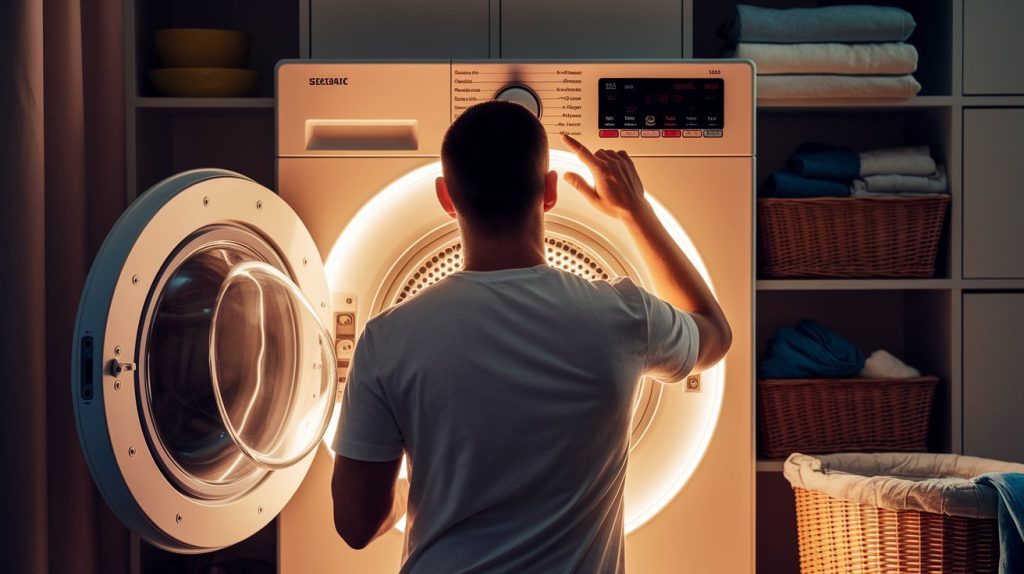 A man wearing a white t-shirt stands in front of a glowing front-load washing machine, selecting a setting on the control panel. Around him, wicker baskets and neatly folded laundry are organized on shelves in a cozy, dimly lit laundry room.