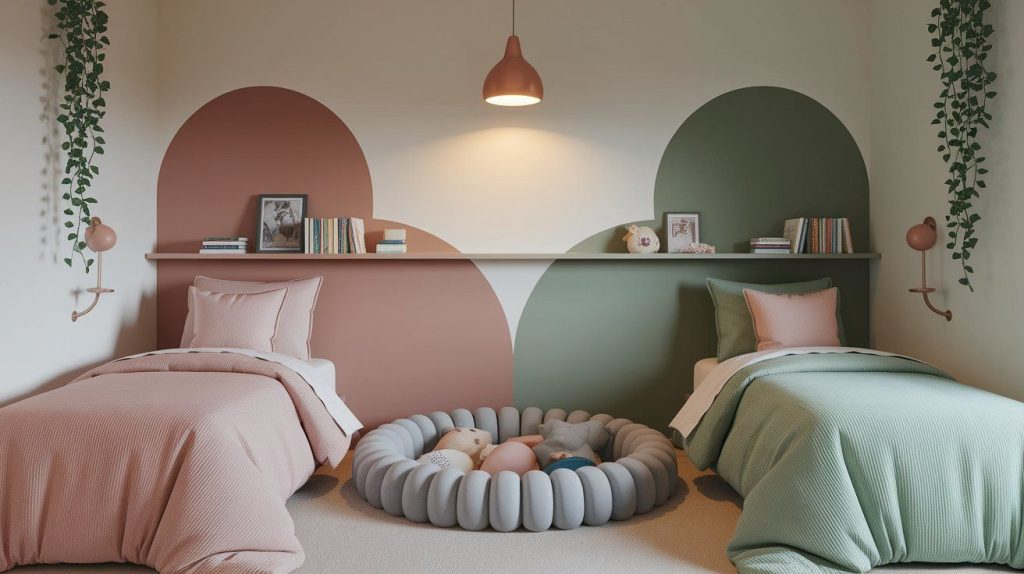 Charming shared kids’ bedroom with two twin beds, one in dusty pink, the other in soft sage green, set against playful, color-blocked arch wall designs. A central shelf holds books, framed photos, and toys above a cozy, plush donut-style floor cushion, with pendant and wall lamps and hanging vines adding whimsy and balance.