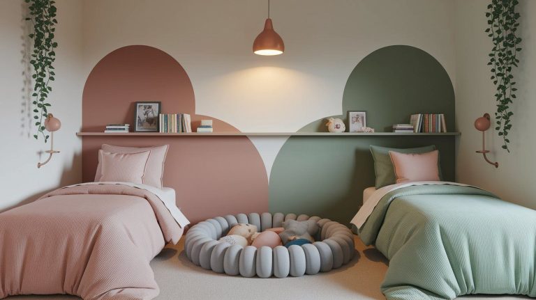 Charming shared kids’ bedroom with two twin beds, one in dusty pink, the other in soft sage green, set against playful, color-blocked arch wall designs. A central shelf holds books, framed photos, and toys above a cozy, plush donut-style floor cushion, with pendant and wall lamps and hanging vines adding whimsy and balance.