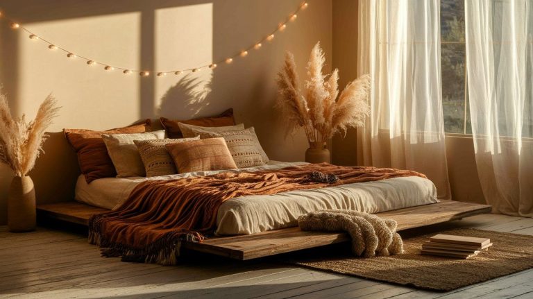 A cozy boho-style bedroom bathed in golden sunlight, featuring a low wooden platform bed layered with earthy-toned pillows and a rust-colored throw blanket. Pampas grass in ceramic vases, string lights draped on the wall, and sheer curtains enhance the warm, relaxed atmosphere.
