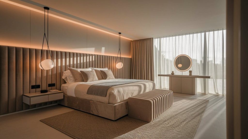 Elegant master bedroom with a warm, neutral palette featuring a king-size bed with beige and taupe bedding, a ribbed velvet headboard, and matching bench. Soft ambient lighting, pendant lights, and sheer floor-to-ceiling curtains create a serene atmosphere, complemented by a floating vanity with a round mirror and a glowing backlight.