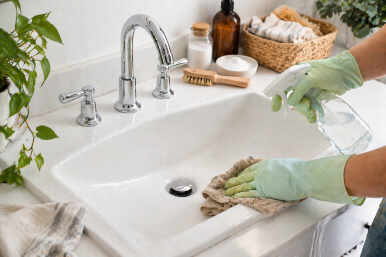 Ceramic sinks stain easily and scratch if you use the wrong cleaner. This guide covers the right method for every type of stain, from limescale to metal marks to rust.