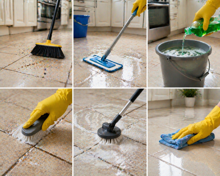 how to clean ceramic floor tiles, clean grout kitchen floor, kitchen tile grease removal