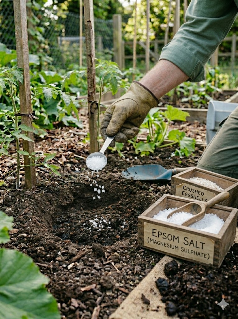 Epsom salt sprinkled in tomato planting hole to improve leaf color and flavor