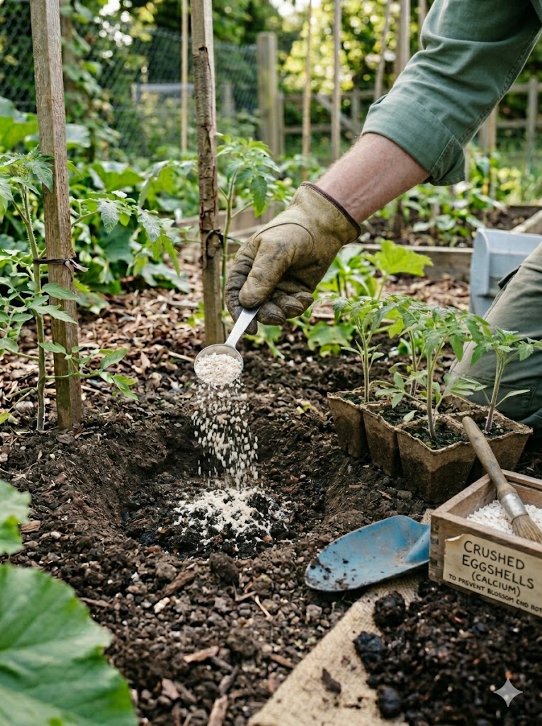 Crushed eggshells added to tomato planting hole for calcium support