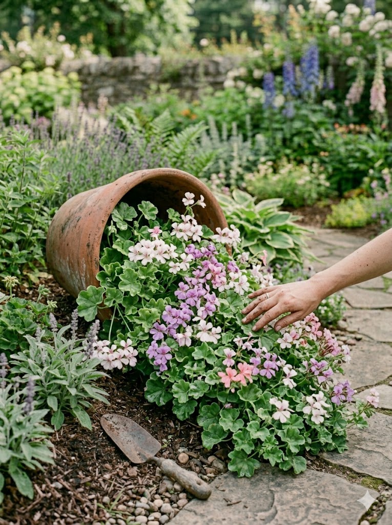 Spilling planter with trailing scented geraniums and fragrant foliage.”