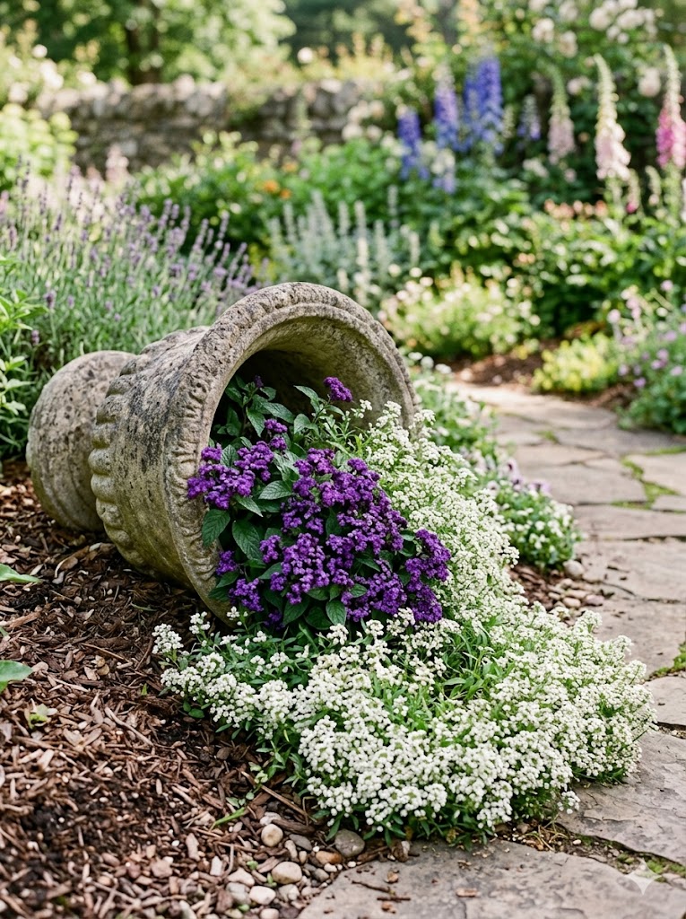 Spilling planter featuring heliotrope and alyssum with vanilla‑cherry fragrance.