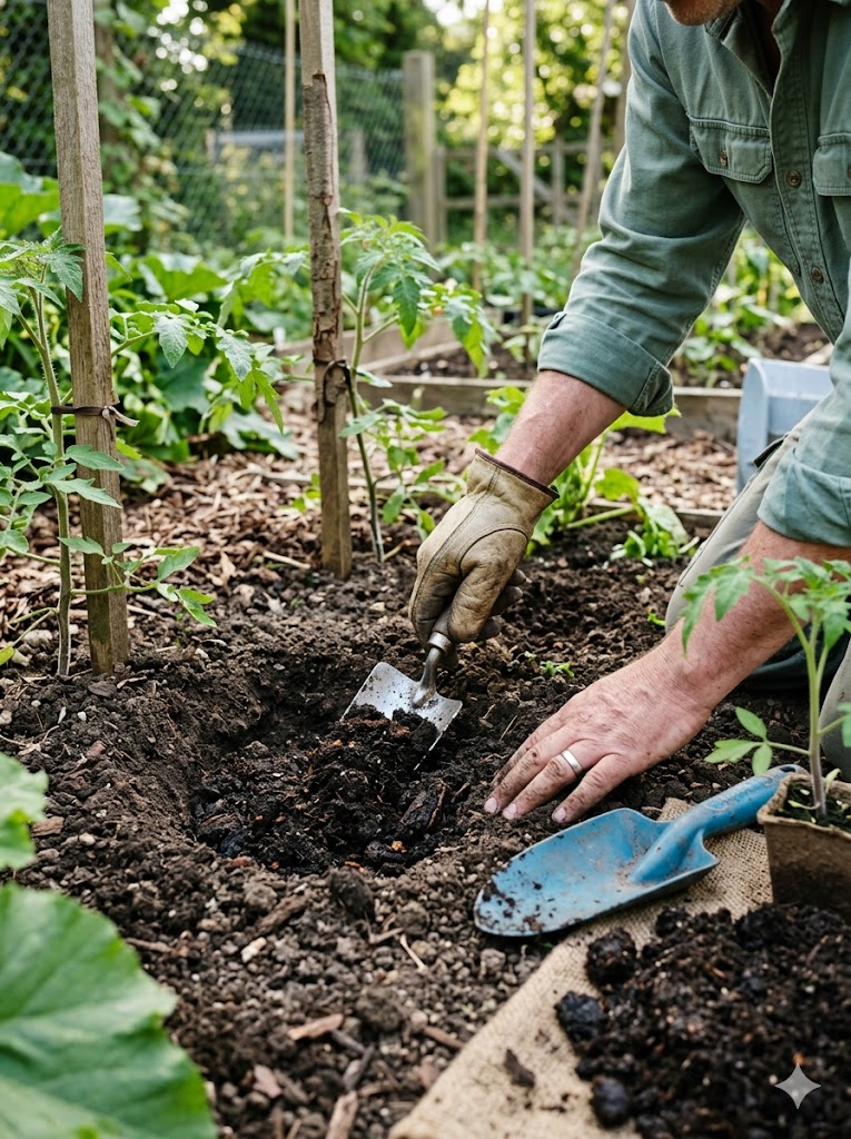 Gardener adding compost to tomato planting hole for nutrient-rich soil