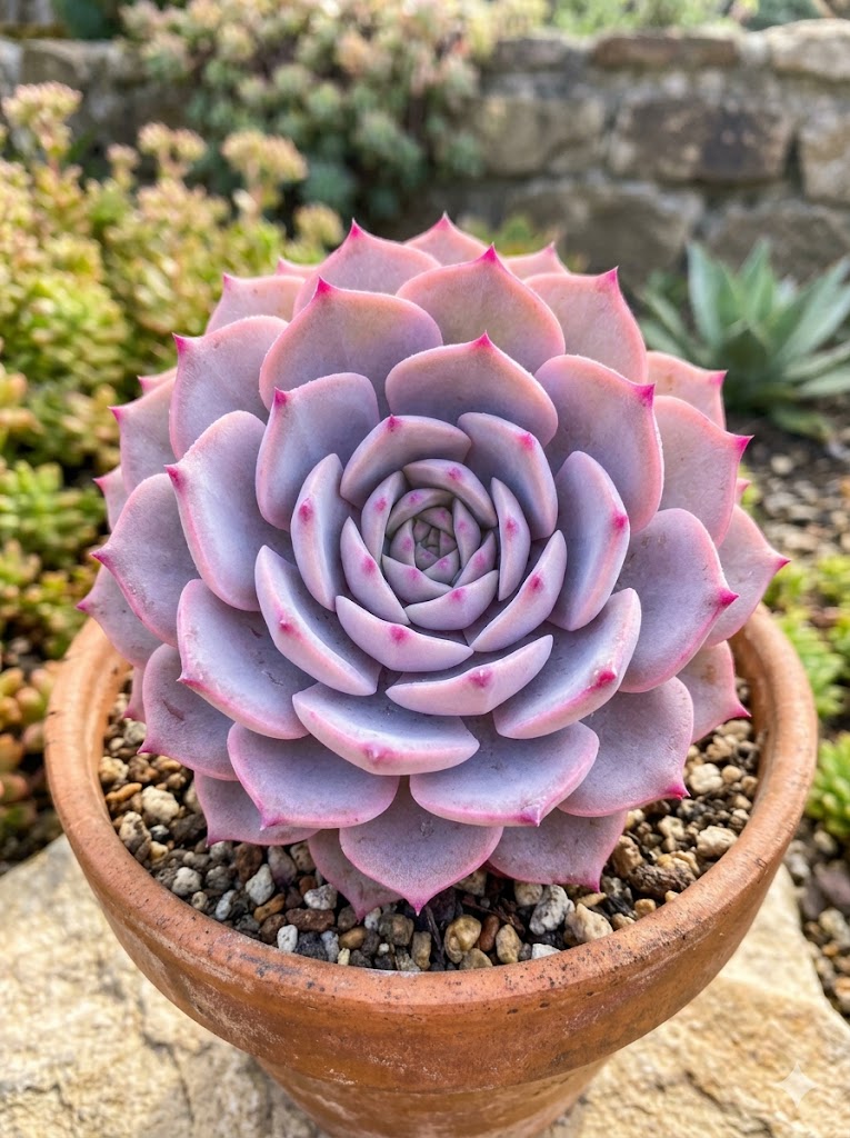Echeveria Afterglow succulent with pink lavender leaves and frosty coating