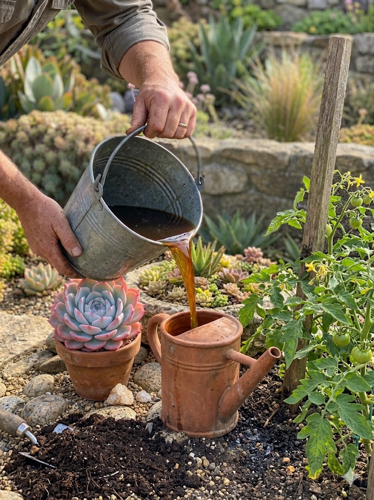 Homemade compost tea fertilizer applied to vegetable garden