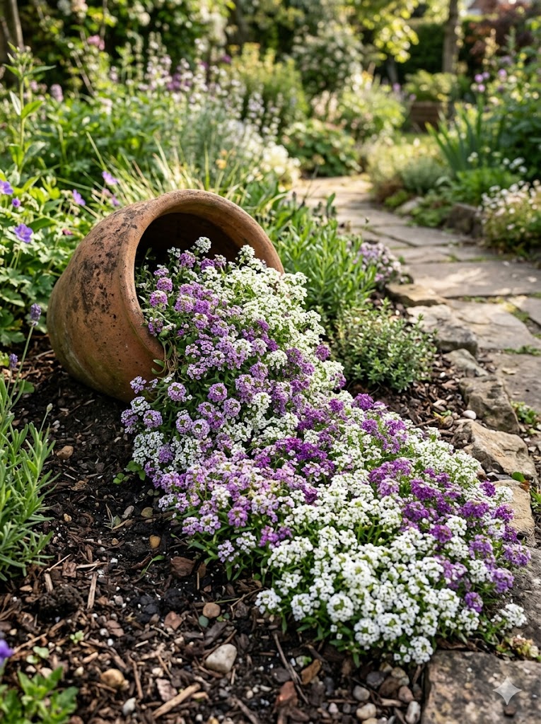 Spilling planter with fragrant sweet alyssum cascading in white and purple