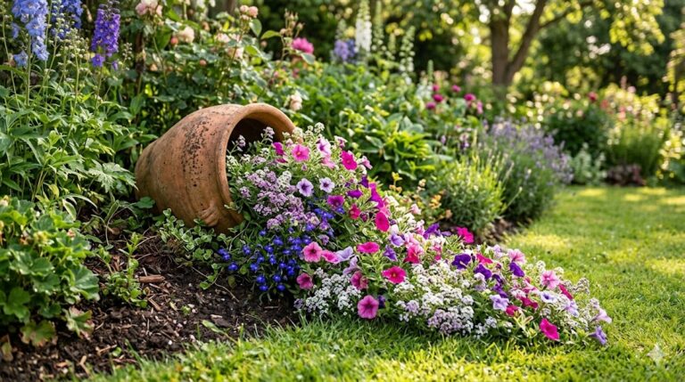 Rustic terracotta spilling flower planter with fragrant alyssum and petunias cascading in a lush garden