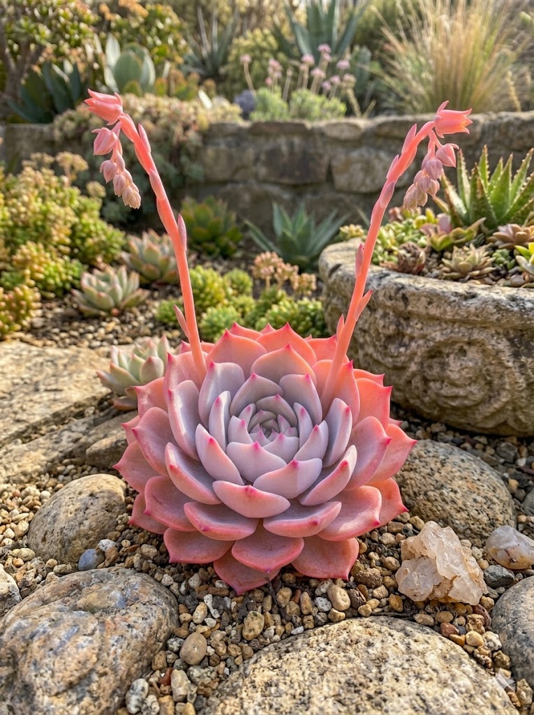 Echeveria Pink Champagne rosette with coral tones and pink blooms.