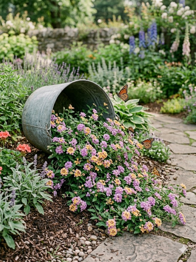 Spilling planter with trailing lantana flowers attracting butterflies.