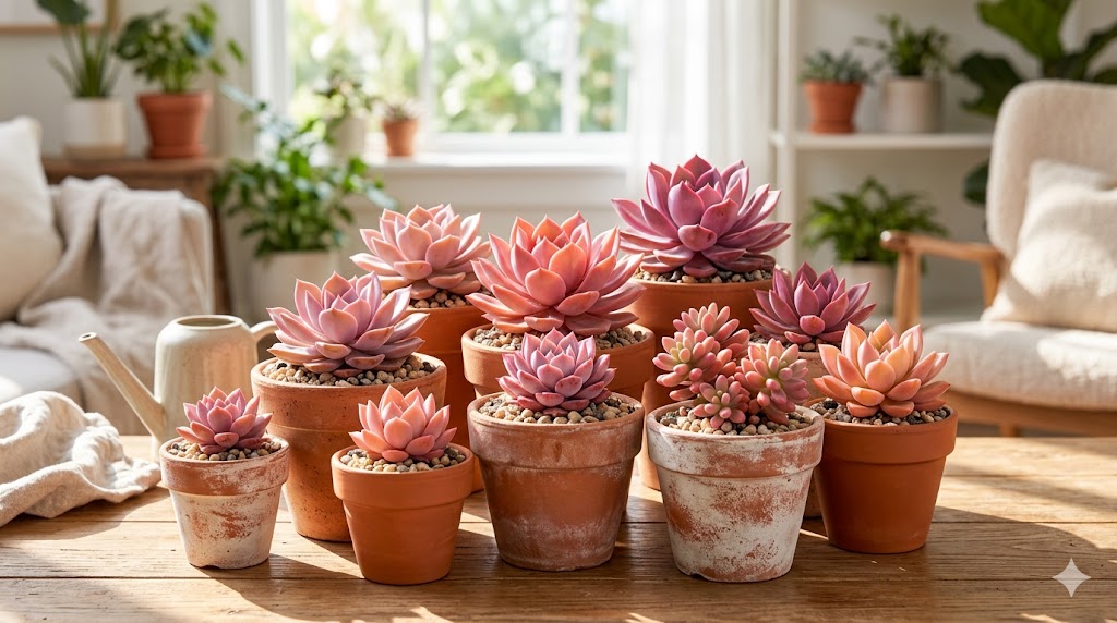 Colorful pink succulents in terra cotta pots arranged as a centerpiece, showing blush, coral, and magenta tones