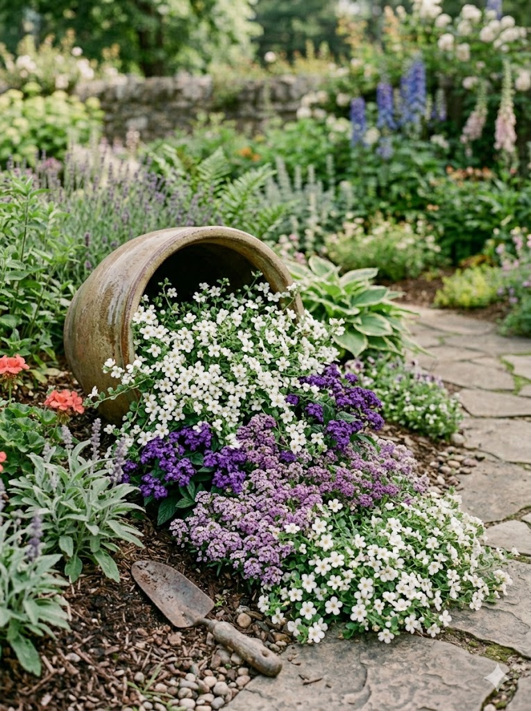 Elegant spilling planter with delicate bacopa flowers and fragrant companions.