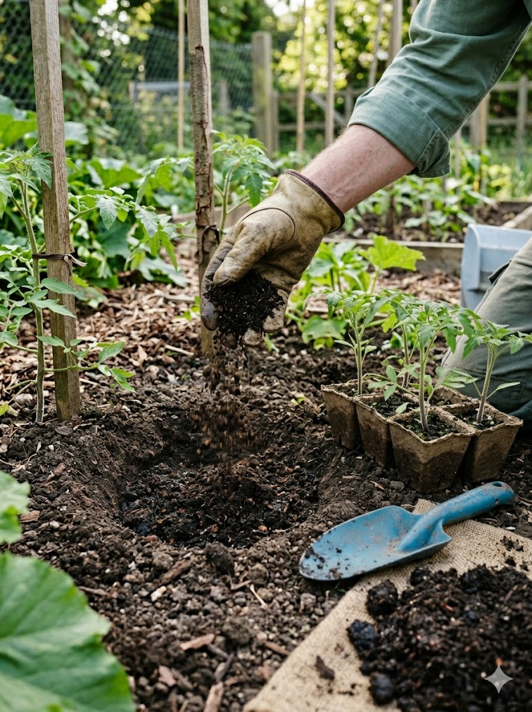 Worm castings added to tomato planting hole for organic fertilizer boost