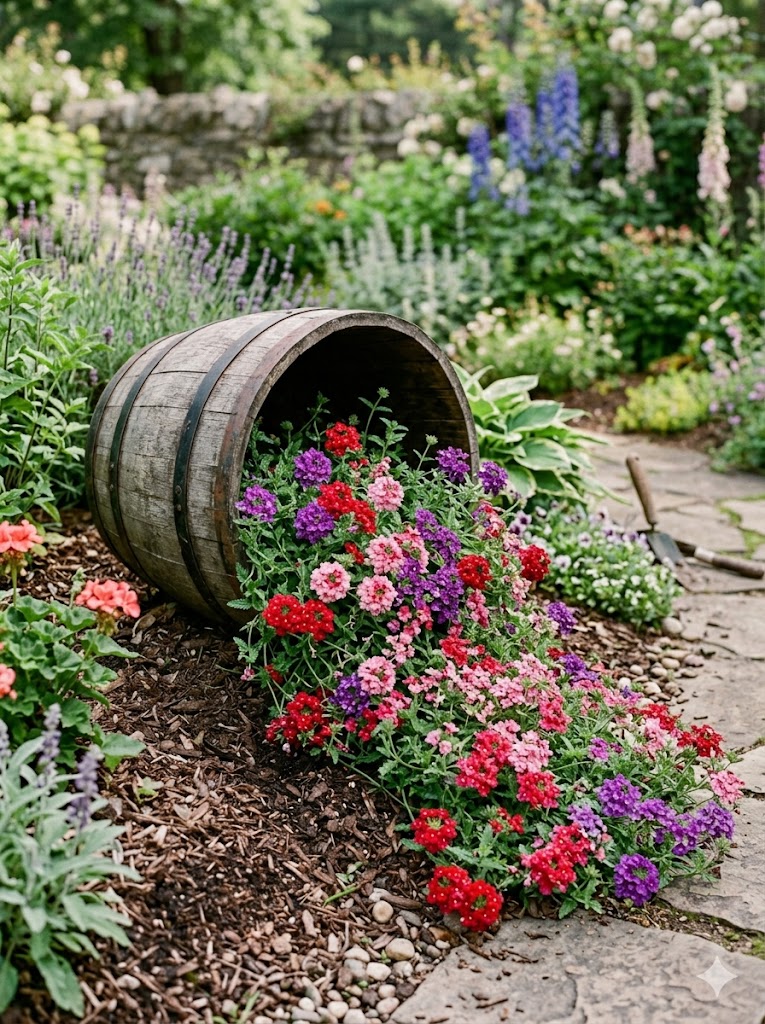 Rustic spilling planter with colorful trailing verbena flowers.