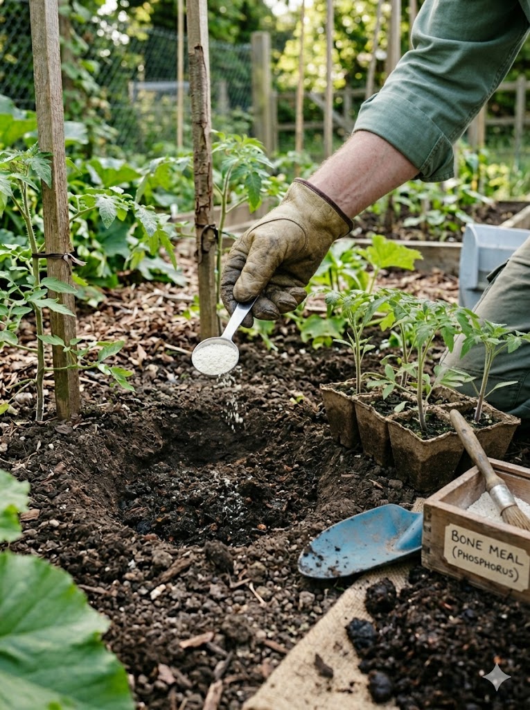 Bone meal fertilizer added to tomato planting hole for strong root growth