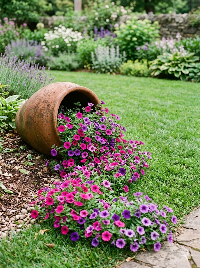 Overflowing planter with trailing petunias in vivid pink and purple.