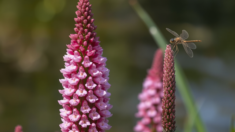 Dragonfly perched on a flower stem